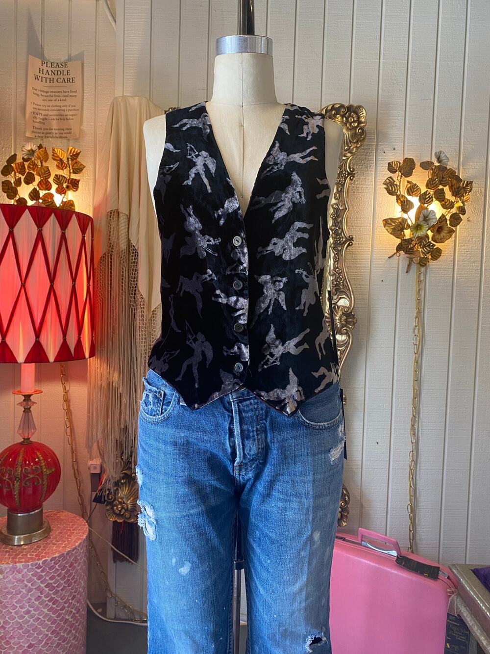 vintage 1990s velvet vest, novelty print, black and silver, angel. 90s menswear